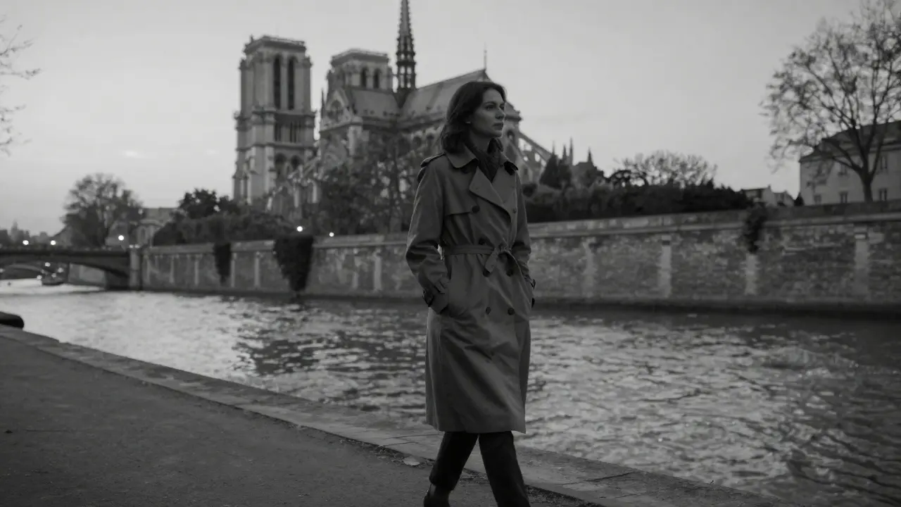 A woman walking alone along the Seine at dusk, lost in thought.