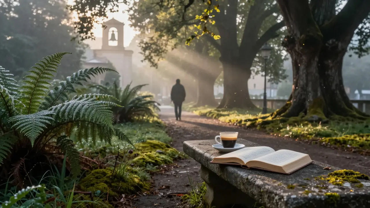 An empty botanical garden at dawn, dew glistening on plants with a book and coffee on a stone bench.