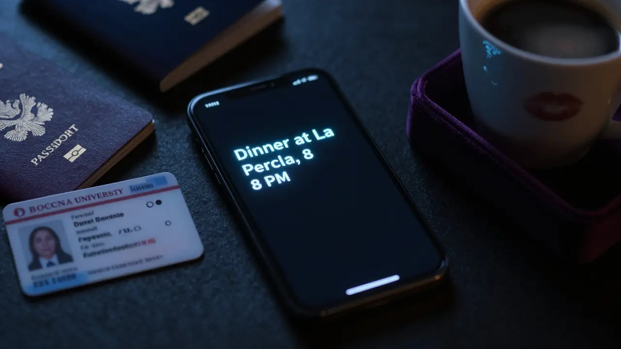 An encrypted phone glows in the dark beside a passport, book, and velvet box, suggesting a secret appointment.