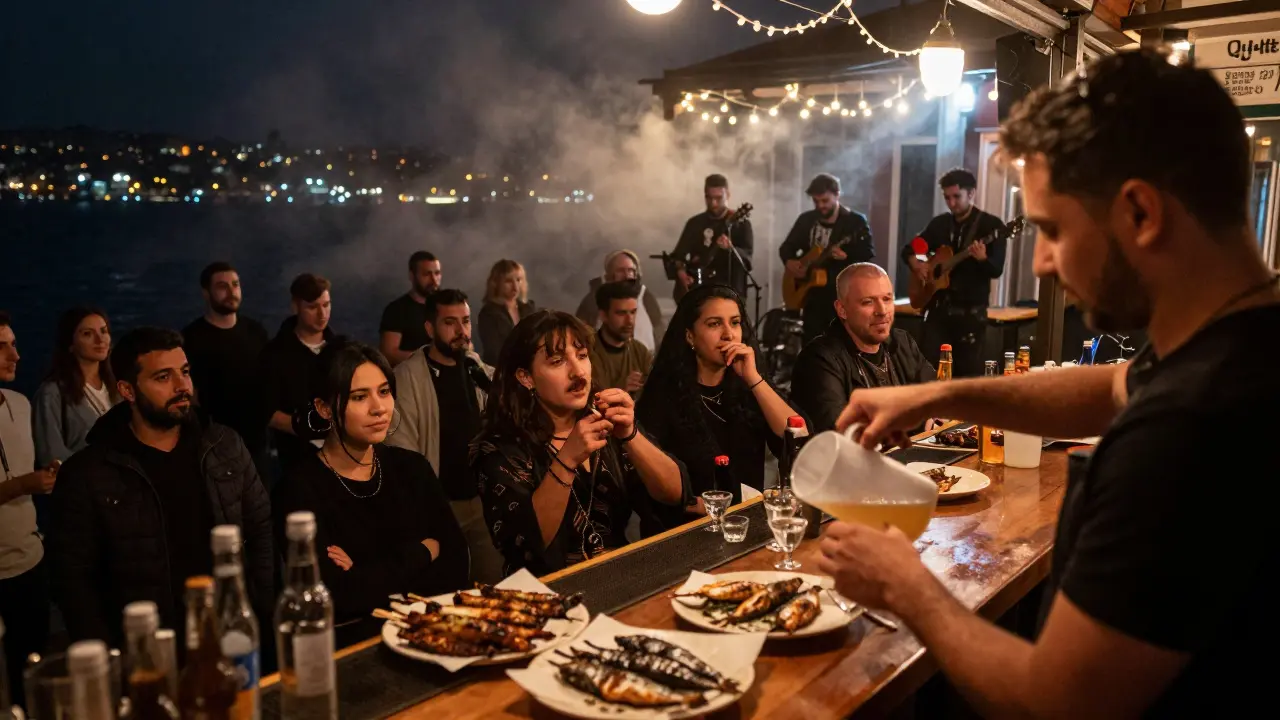 Authentic Kadıköy bar with crowd drinking rakı and eating sardines, live band playing folk music.