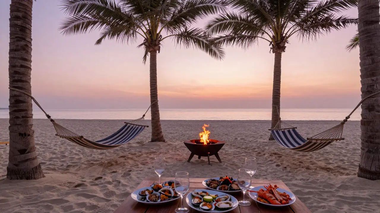 Beach club at sunrise with hammocks, fire pit, and empty table facing the ocean.