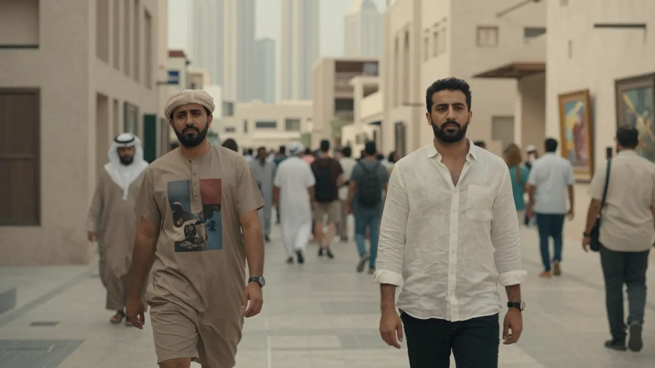 Contrasting scenes: one man in shorts and a graphic tee looks out of place, while another in a linen shirt blends into Dubai’s art district crowd.