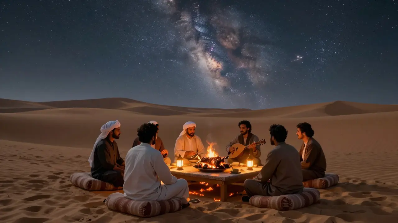 Couples and friends dining under a starry desert sky with lanterns and live oud music.