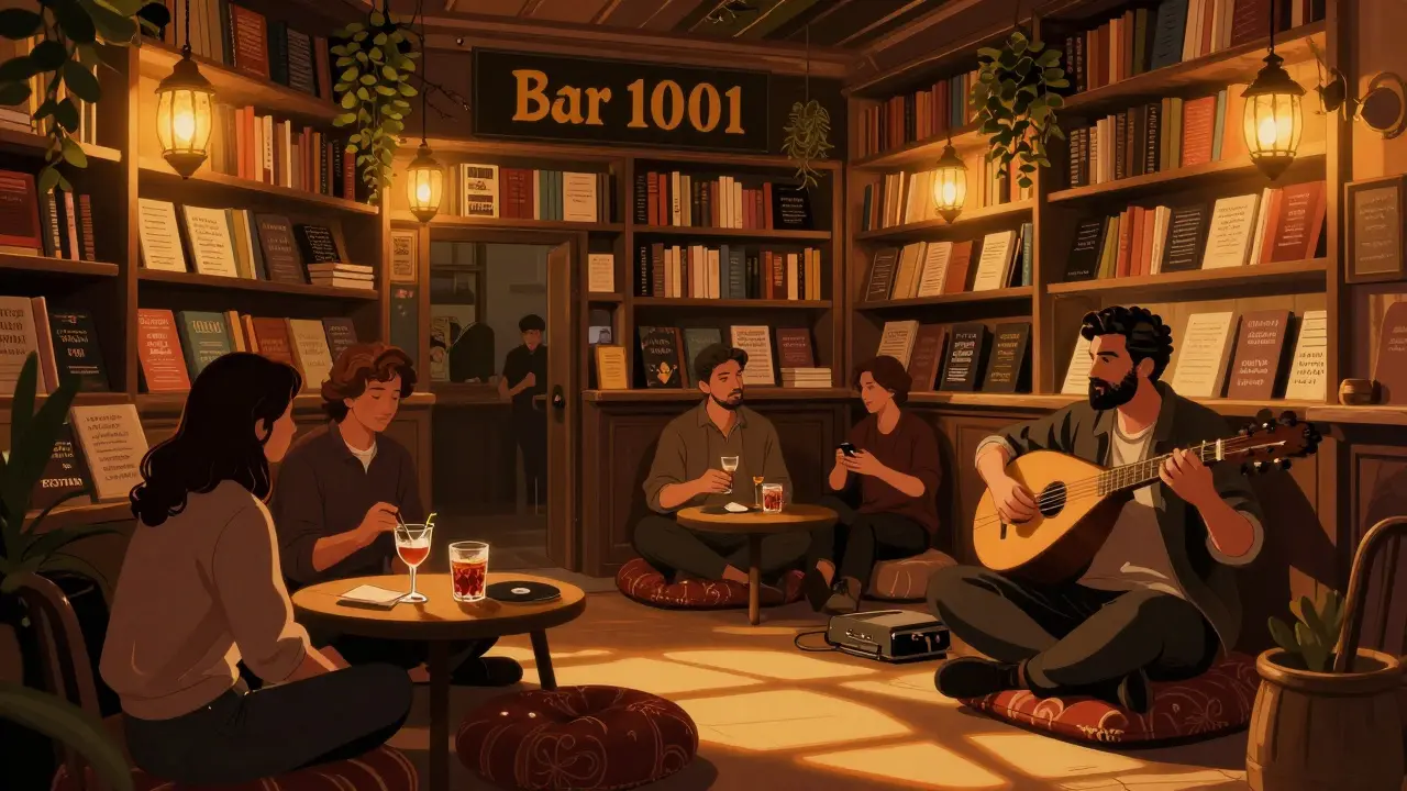 Cozy hidden bar with bookshelves, oud player, and patrons sipping poetic cocktails in soft light.