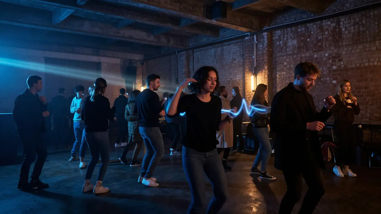 Crowd dancing in a dim industrial club with soft light beams and moody atmosphere.