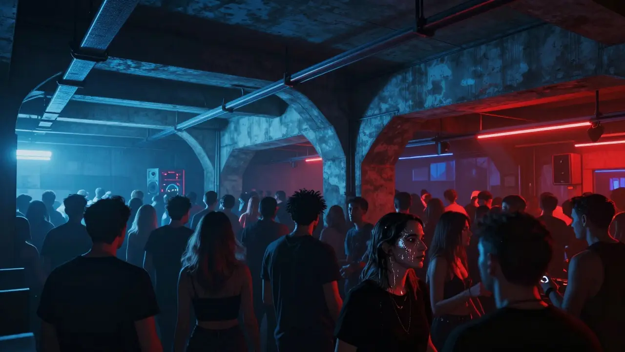 Crowd dancing to techno in a raw, industrial underground club lit by neon and shadow.