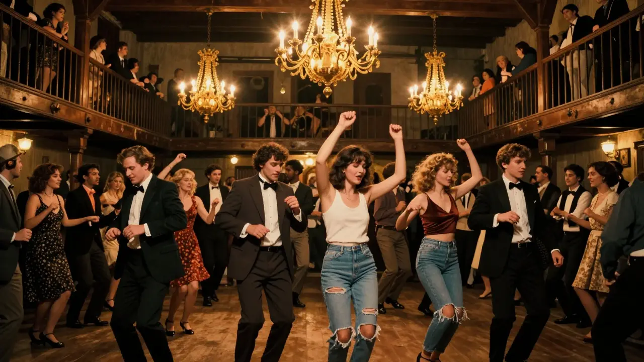 Diverse crowd dancing under chandeliers in a historic music hall turned nightclub.