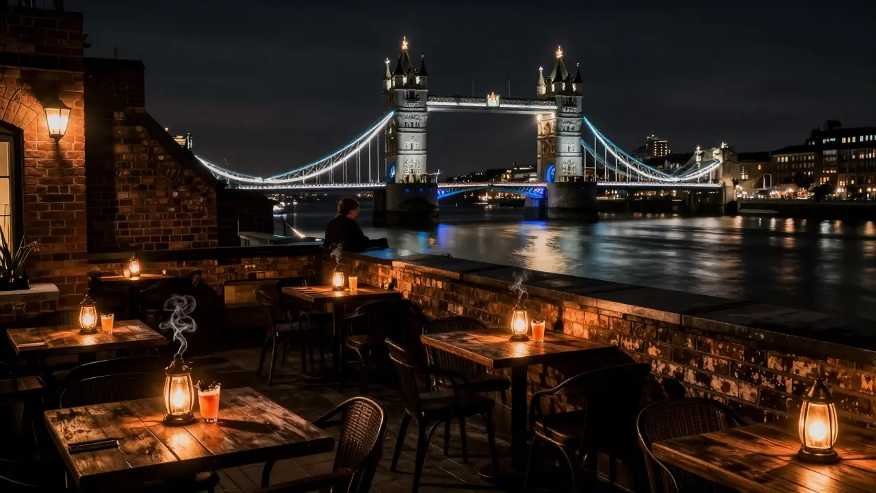 Hatchet rooftop bar at night with smoky cocktails and Tower Bridge reflected on the Thames.