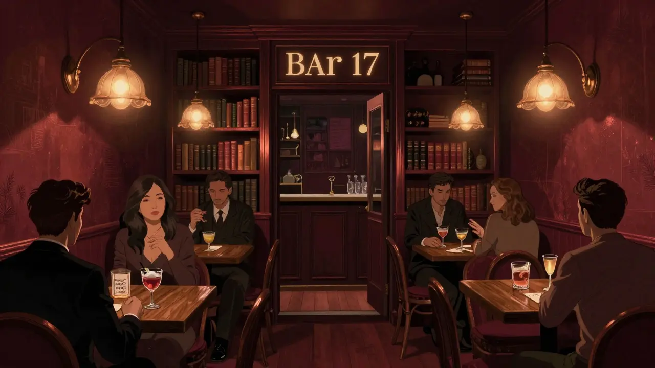 Hidden speakeasy bar with bookshelf entrance, patrons sipping cocktails in warm dim light.