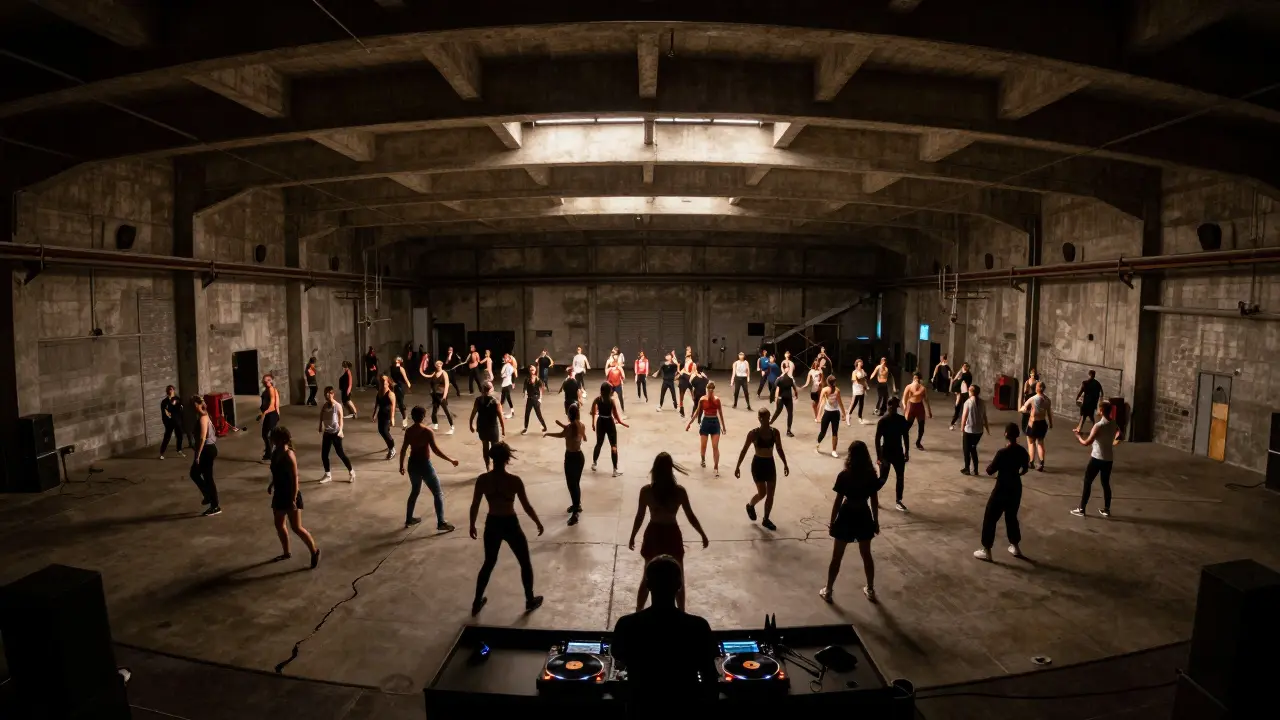 Hundreds of dancers moving as one in a vast concrete warehouse with high ceilings.