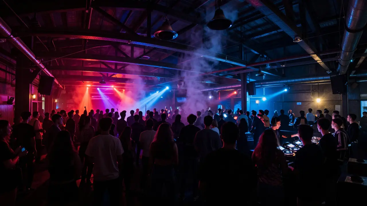 Industrial nightclub with dancers under pulsing lights in a massive warehouse, intense bass vibrations in the air.