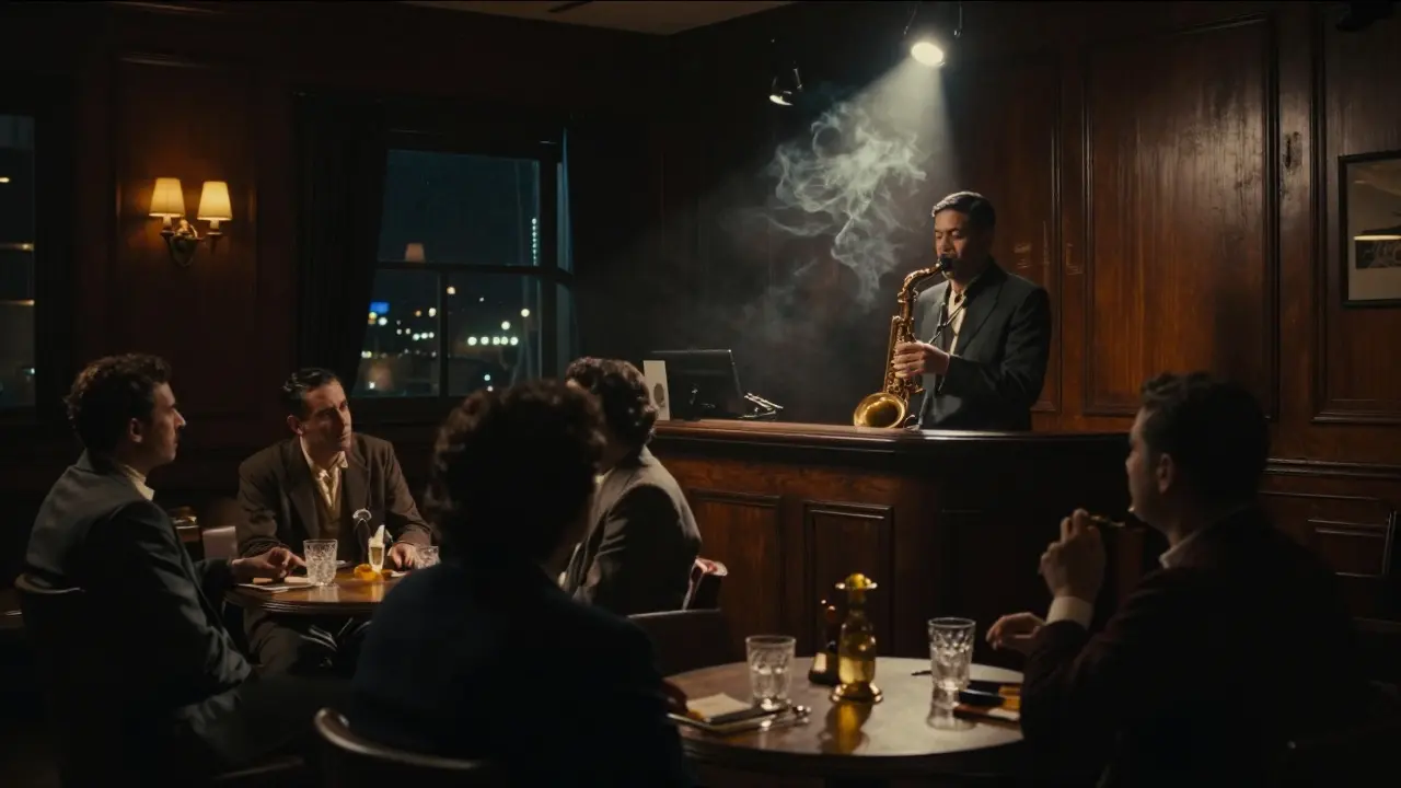 Intimate jazz bar with a saxophonist performing under a spotlight, patrons listening quietly.