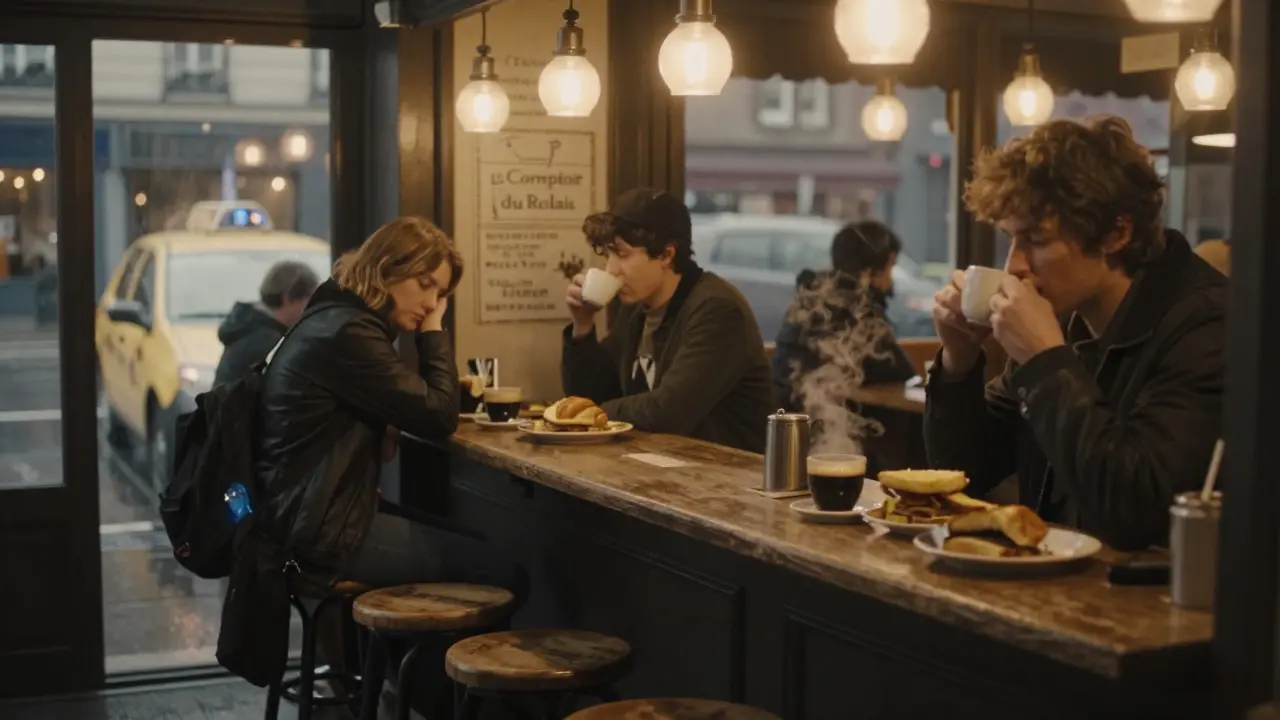 Late-night bistro patrons eating and drinking at 4:30 a.m. under warm lights.