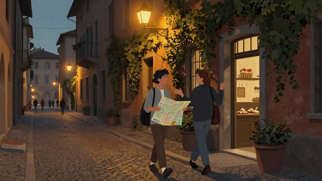 Person walking through Brera with a companion pointing to a hidden restaurant.