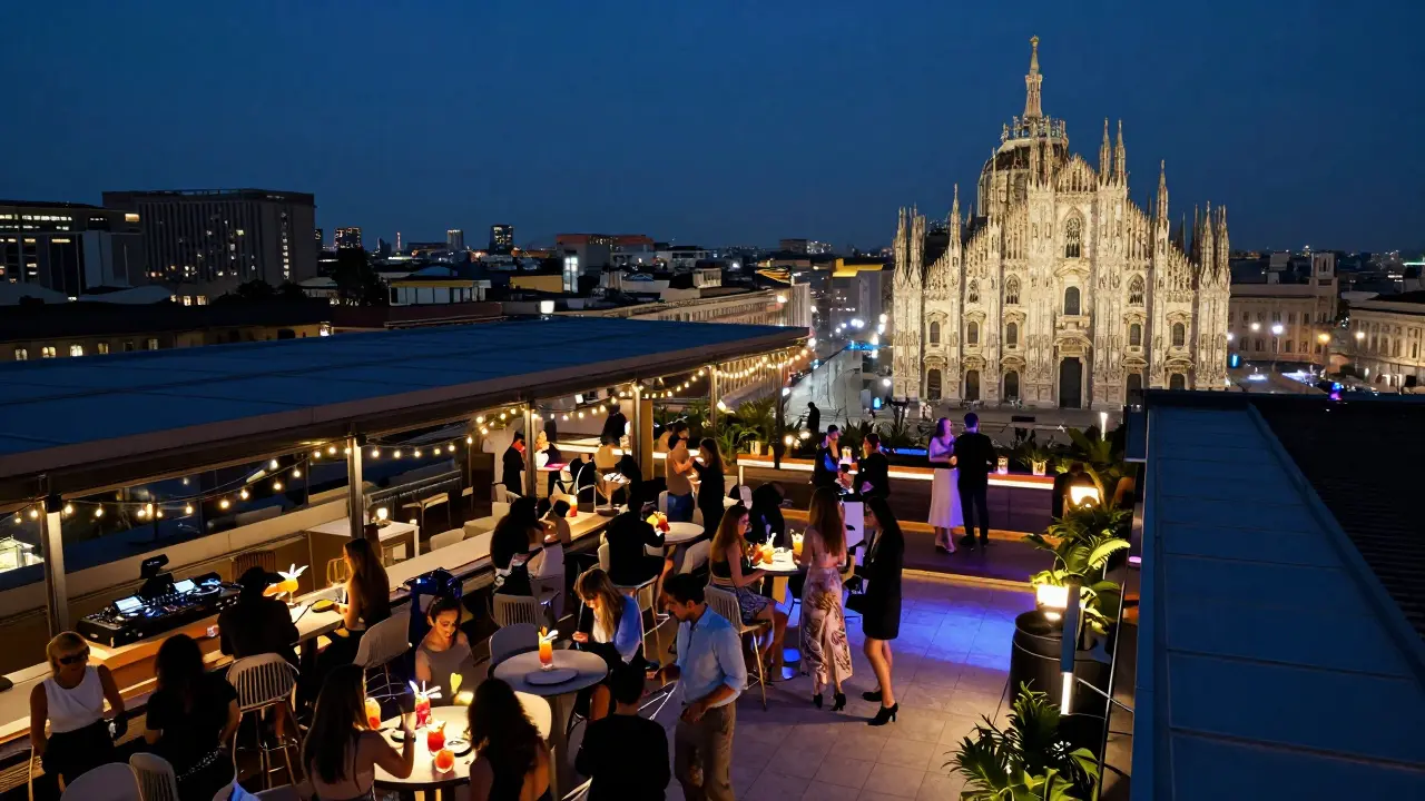 Rooftop club Capo d'Africa overlooking Milan's skyline with guests dancing under fairy lights.