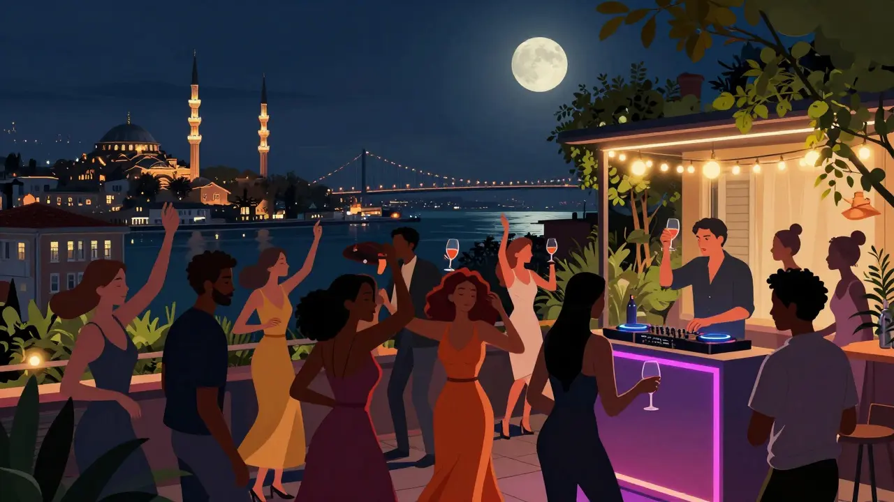 Rooftop party in Beyoğlu with dancers under fairy lights, minarets and Bosphorus Bridge in the background.