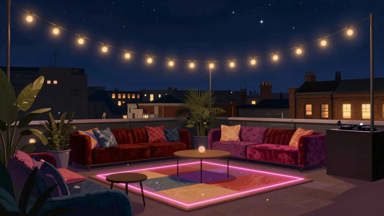 The Standard's rooftop terrace with string lights, velvet seating, and Camden skyline in background.