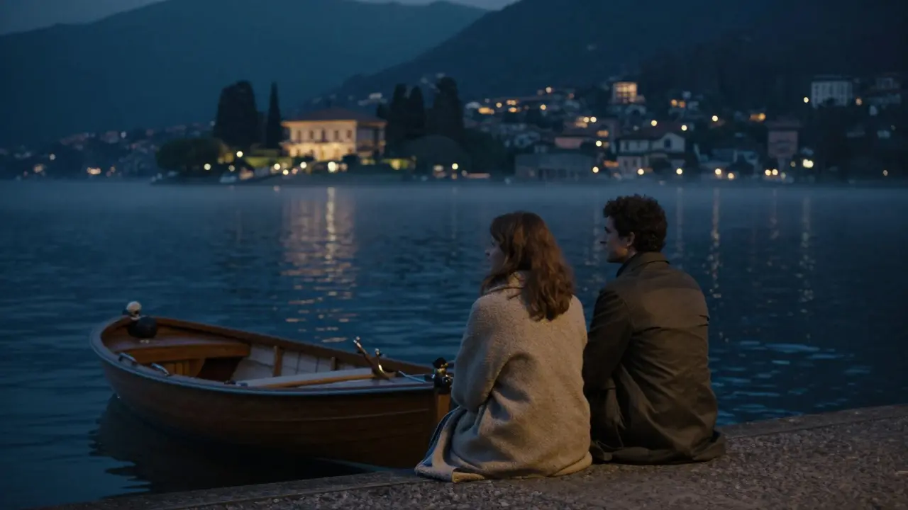 Two figures sit in silence on a lakeside dock at midnight, wrapped in coats, under a moonlit sky.