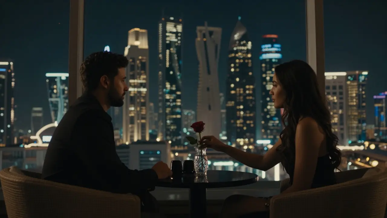 Two figures sit in silence on a rooftop lounge, reflecting the city skyline, no devices, only calm presence.