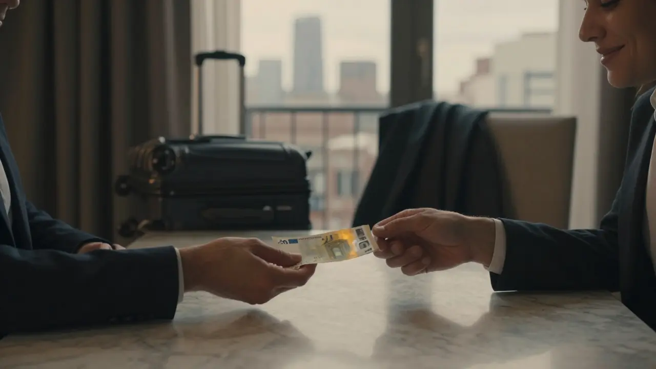 Two hands exchanging a tip with a smile, no physical contact, in a quiet hotel room overlooking Milan’s skyline.