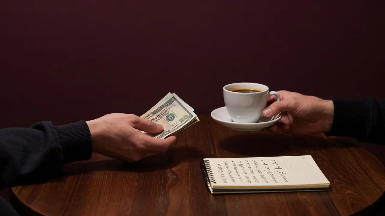 Two hands exchanging cash and a coffee cup in a quiet Milan bar, no faces shown.