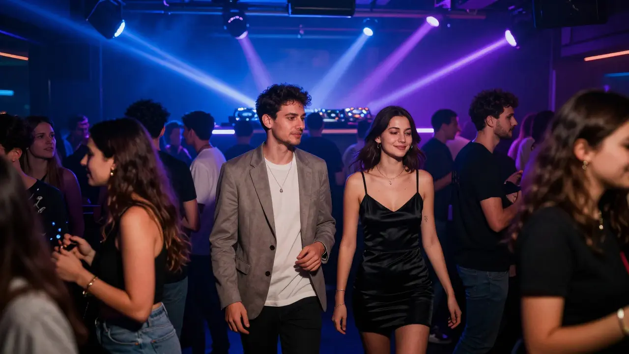 Two people enjoying Berlin's nightlife, effortlessly entering a club past a long line at midnight.