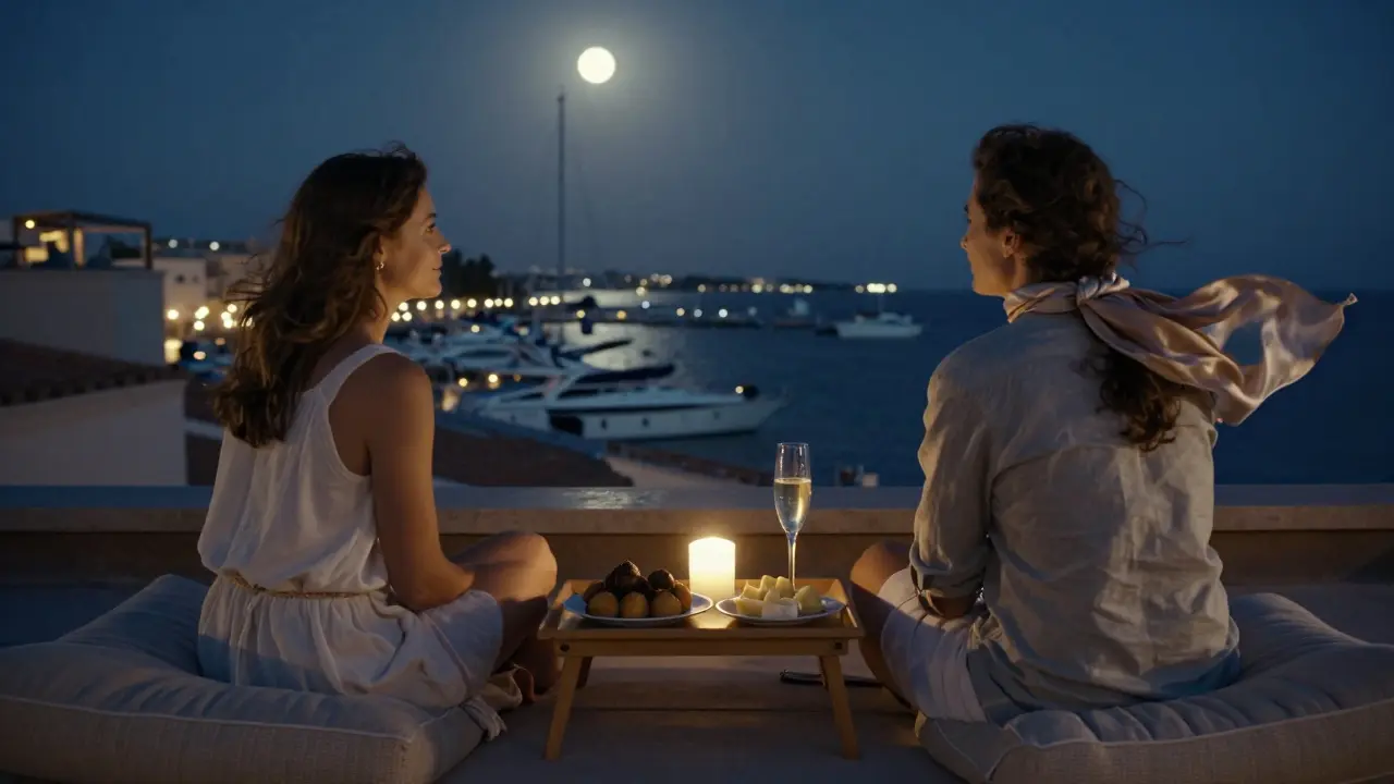 Two people on a rooftop terrace at night, overlooking yachts on the Mediterranean under starry skies.