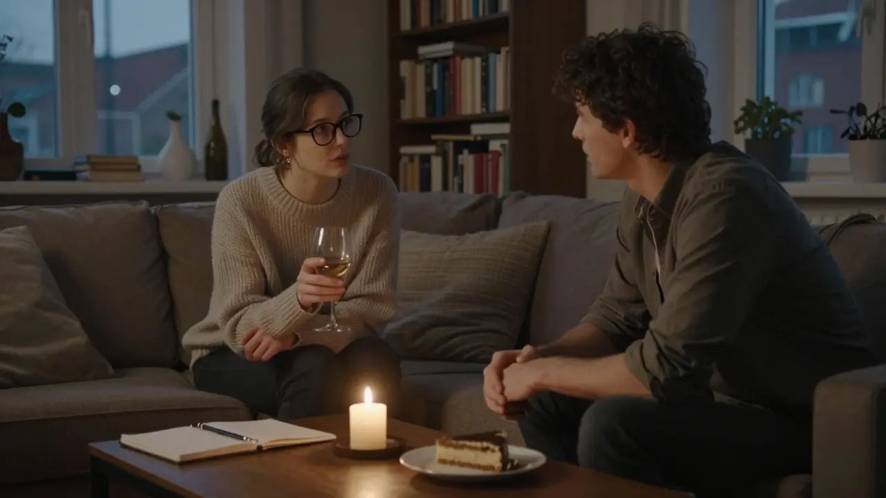 Two people sit in a cozy Berlin loft living room, sharing wine and quiet conversation by candlelight.