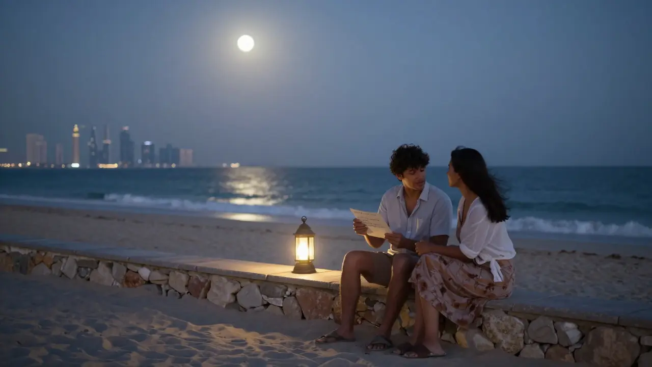 Two people sitting by a lantern at a private beach villa under moonlight in Dubai.