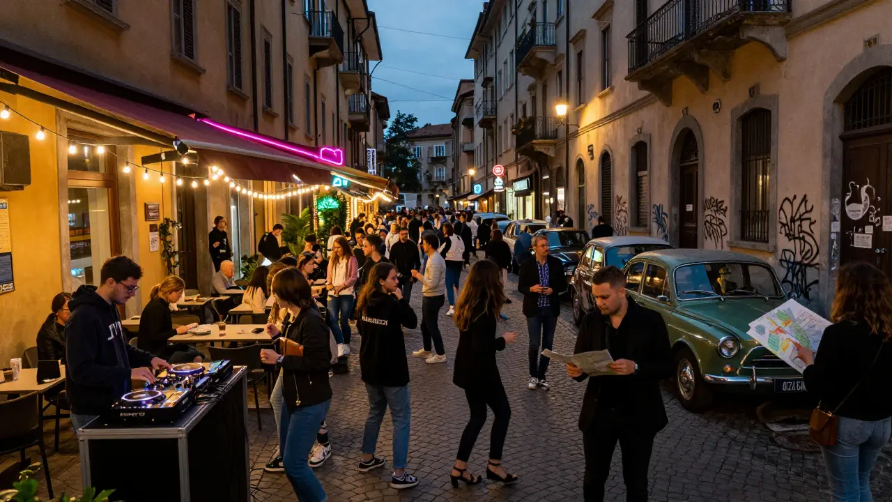 Vibrant Porta Ticinese street at night, crowd dancing under neon signs and string lights.