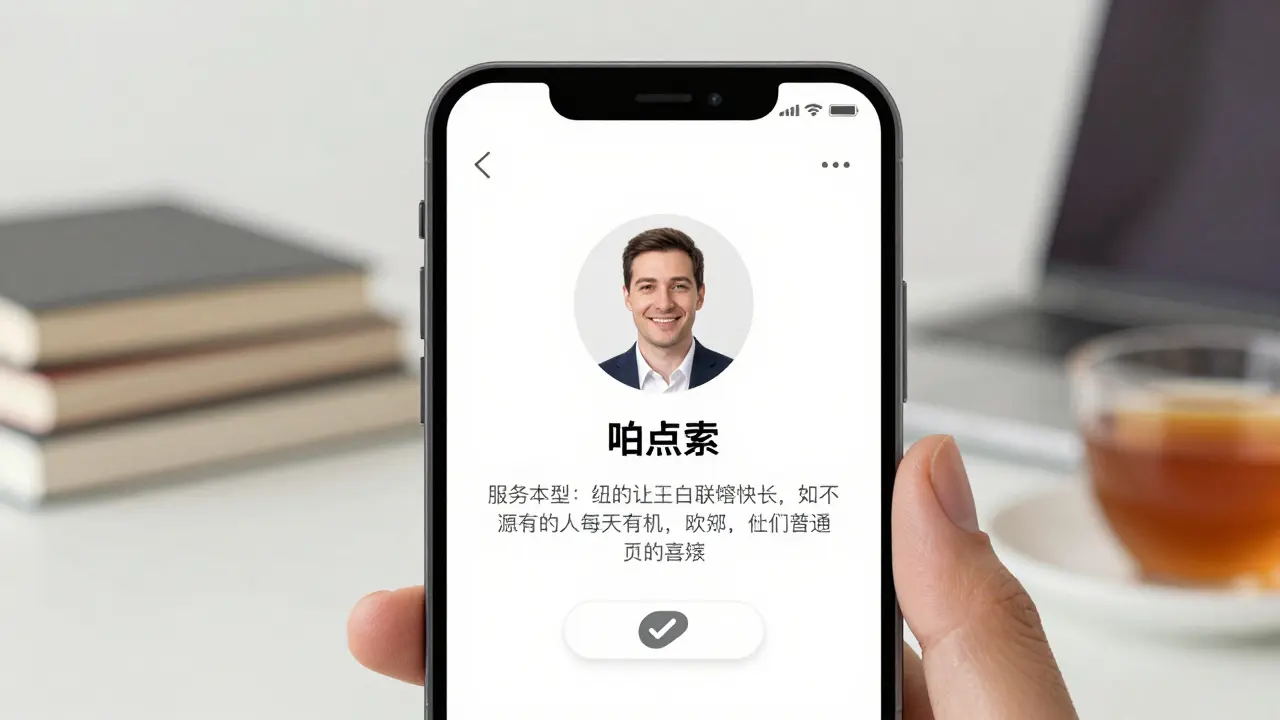 A clean, verified escort profile on a smartphone screen with minimalistic design.