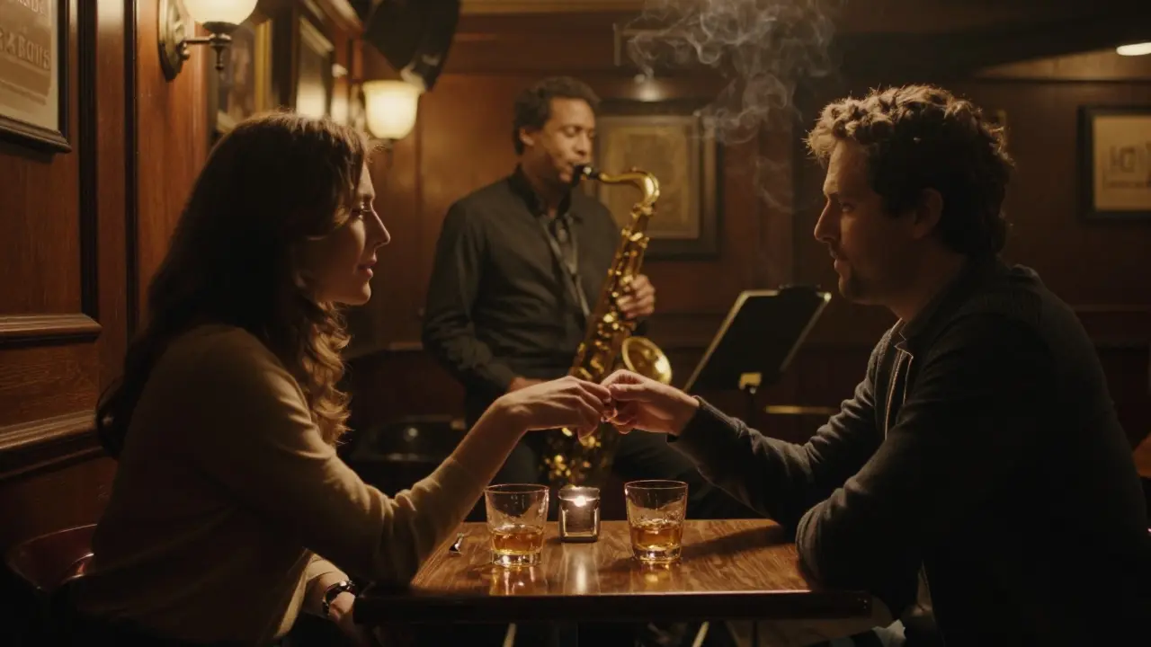 A couple enjoying live jazz in a dimly lit, intimate London bar.