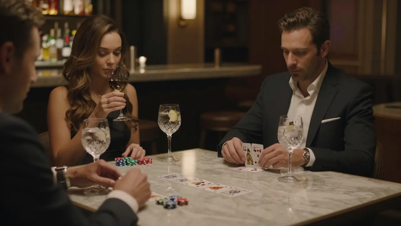 A couple playing low-stakes poker at a stylish bar-casino hybrid, sipping cocktails in soft ambient light.