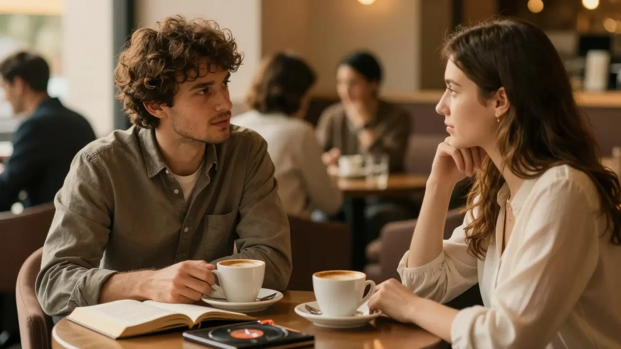 A couple sharing coffee in a quiet lounge, engaged in thoughtful conversation.