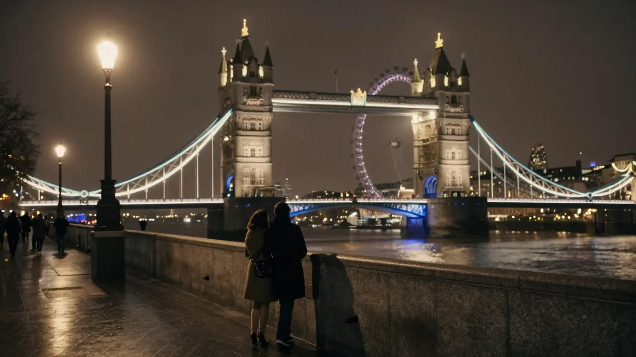A couple walking hand in hand along the lit South Bank with Tower Bridge reflected in the river.