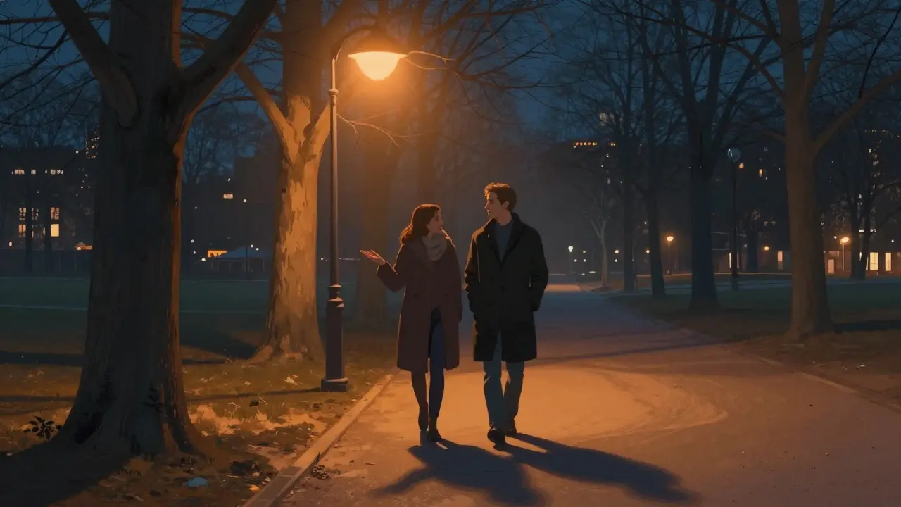 A couple walking side by side through Tiergarten park at night, shadows stretching under streetlights.