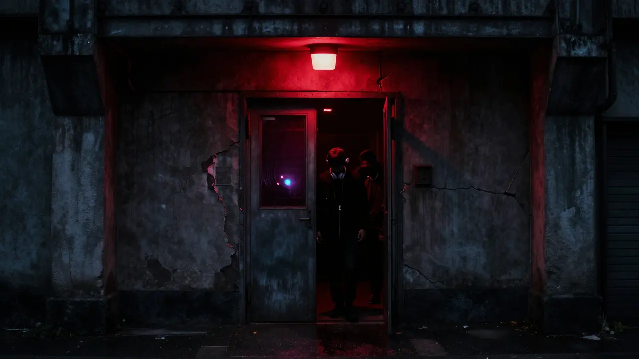 A hidden underground club entrance illuminated by a single red light beneath a railway bridge