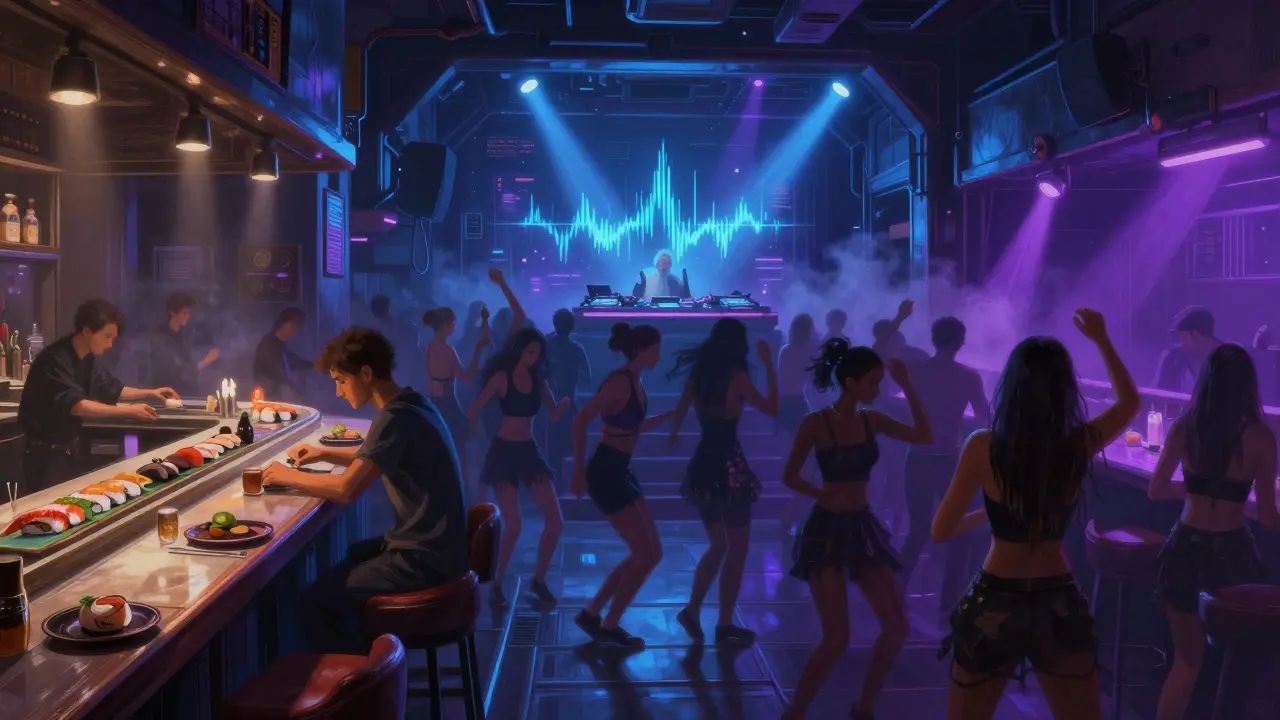 A hidden underground club in Abu Dhabi with pulsing neon lights and a crowd dancing as one in rhythmic motion.