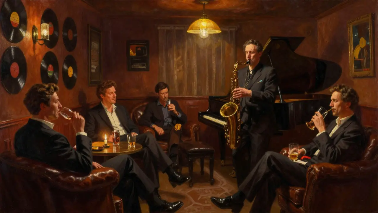 A jazz musician playing saxophone in a dim, intimate lounge with leather chairs and candlelight, vintage records on the wall.