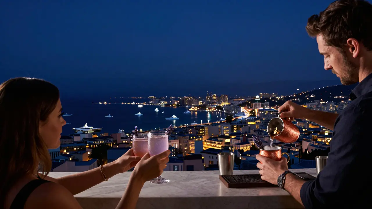 A luxurious rooftop bar at night with yachts on the horizon and city lights below, a cocktail being poured under starry skies.