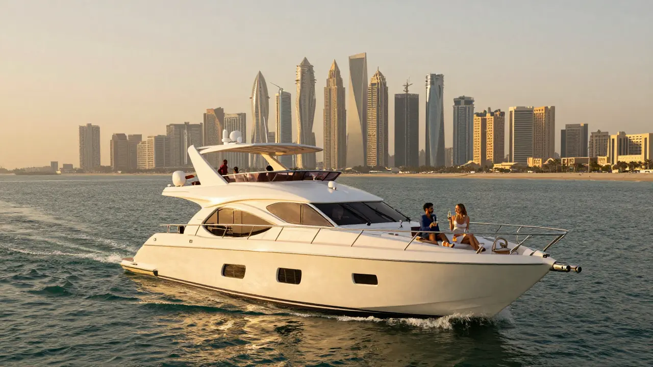 A luxury yacht at sunset along Palm Jumeirah with two people enjoying champagne on deck.