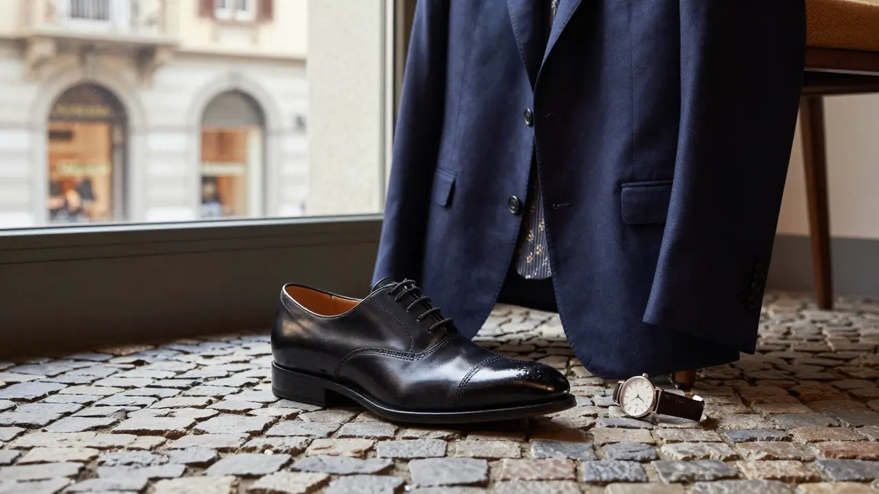 A polished black shoe and folded navy blazer rest beside a leather watch on a windowsill overlooking Milan's boutiques.