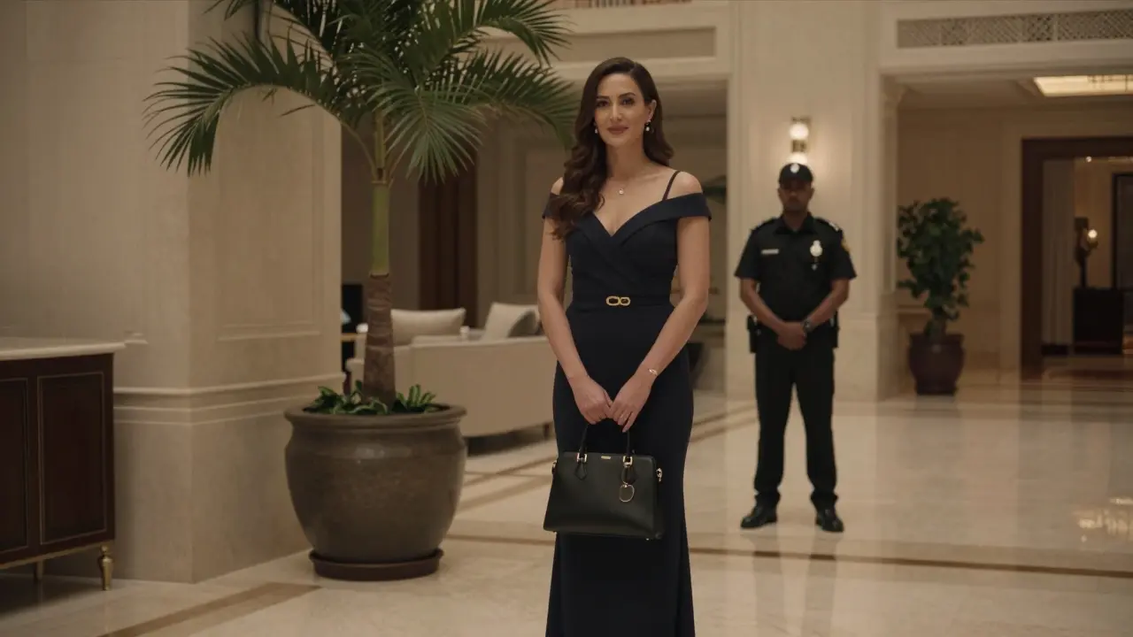 A professionally dressed woman waiting calmly in a luxury hotel lobby.