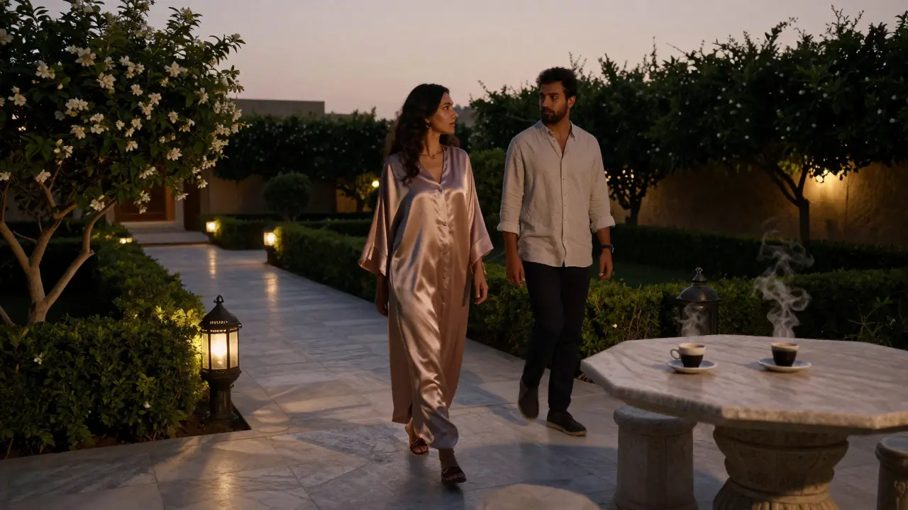 A quiet garden at Zabeel Palace at twilight, with two figures walking peacefully under lantern light.
