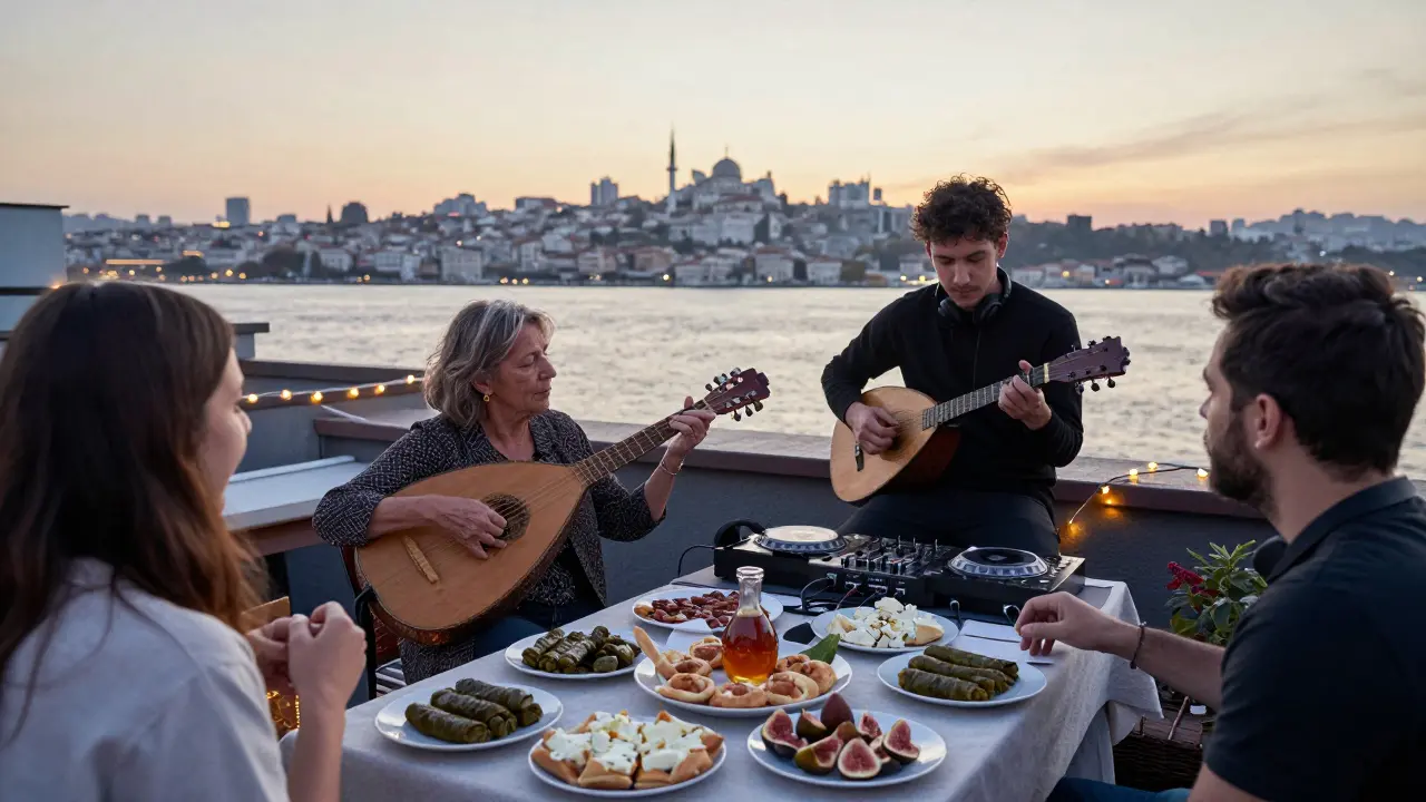 A rooftop gathering at dawn with music, food, and sunrise over the Bosphorus, blending tradition and modernity.