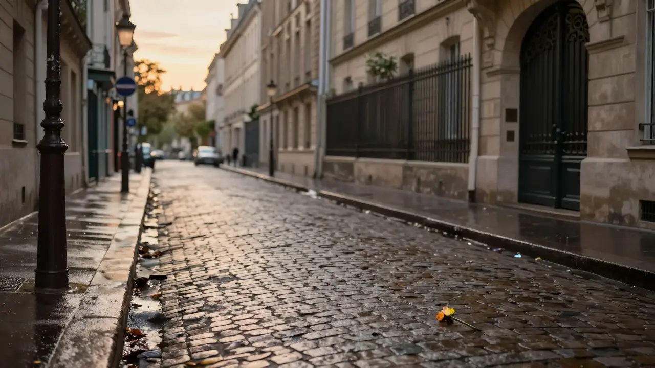A single flower rests near a gate in a quiet Paris neighborhood at dusk, symbolizing respect after a private encounter.