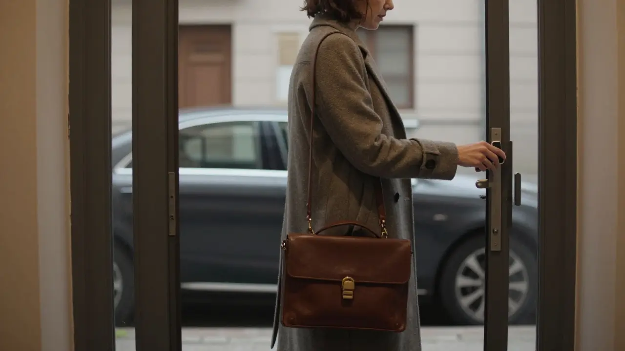 A woman entering a private Berlin apartment building through a secure door, a luxury car waiting outside.