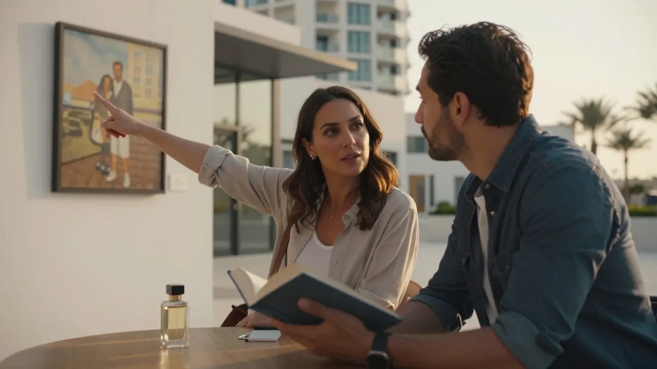 A woman showing a man an art gallery in Al Maryah Island during golden hour, both engaged in conversation.