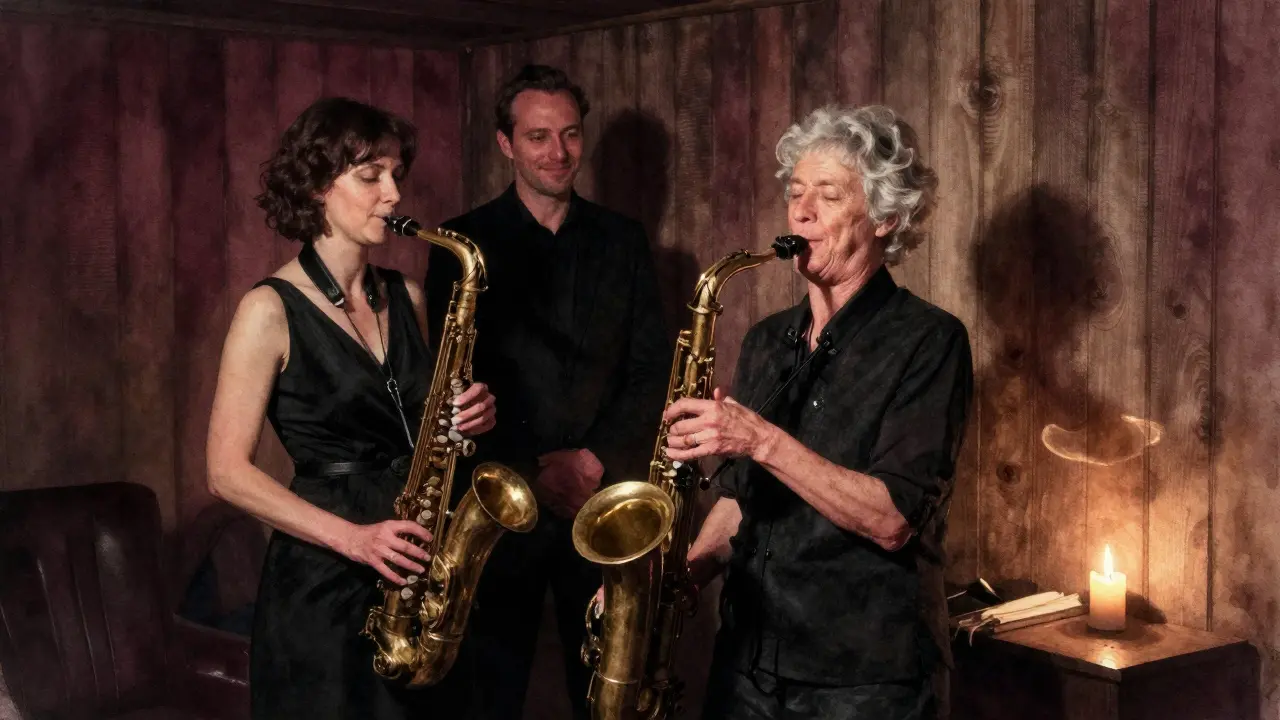 An elderly woman enjoying jazz in a hidden Berlin basement club, accompanied by a compassionate figure in the background.