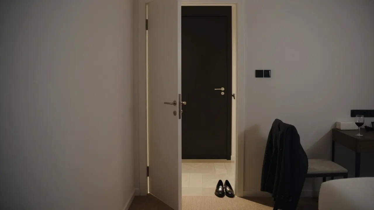 An empty hotel room door slightly open, implying a meaningful but private companionship.